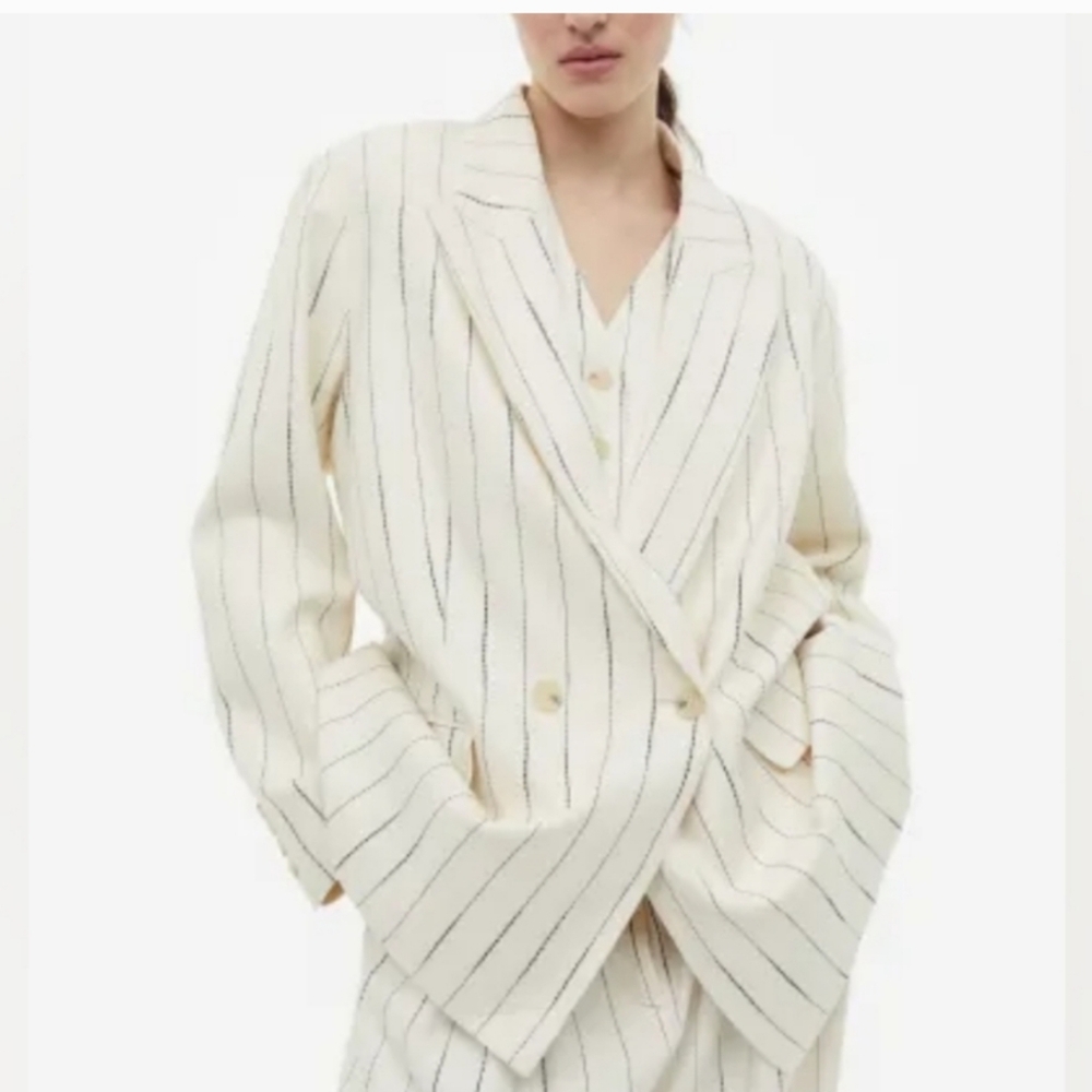 H&M blazer XL cream White Black Stripes Linen Blend Double Breasted Coat